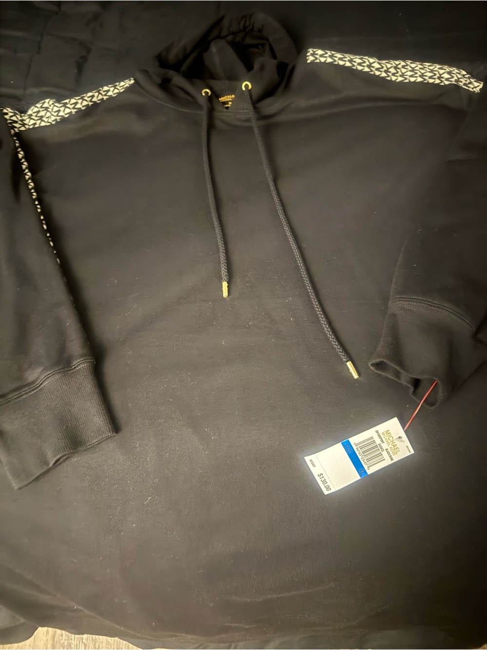 Michael Kors Black Hooded Sweatshirt Dress with Gold Accents
